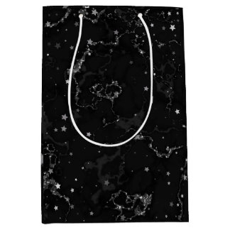 Sac Cadeau Moyen Élégantes étoiles en marbre noir argenté