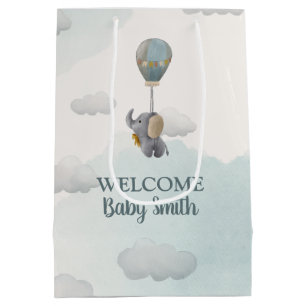 Sac Cadeau Moyen Éléphant de bébé gris, ballon à air chaud dans les