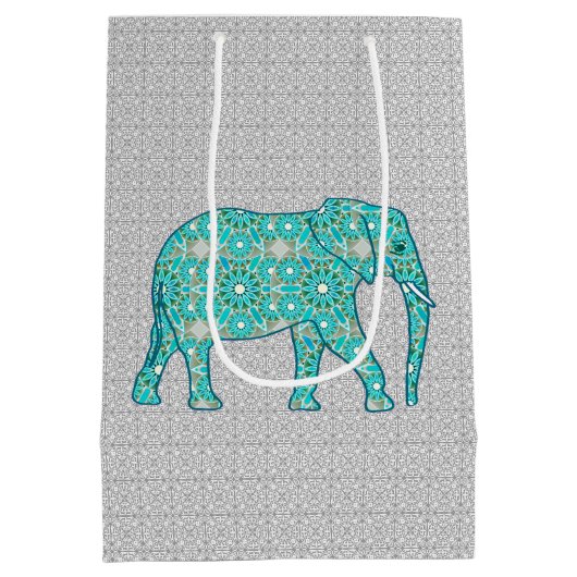 Sac Cadeau Moyen Eléphant de Fleur Mandala, Turquoise, Gris & Blanc (Dos)