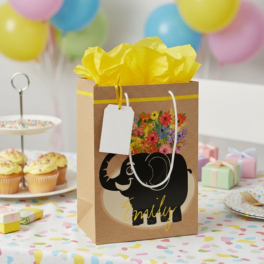 Sac cadeau moyen éléphant et fleurs