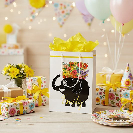 Sac Cadeau Moyen Éléphant et fleurs