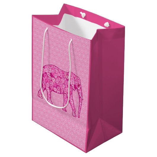 Sac Cadeau Moyen Éléphant fleur - rose fuchsia (Devant Angle)