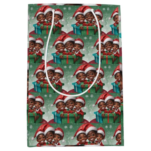 Sac Cadeau Moyen Elfe de Noël afro-américain (Devant)