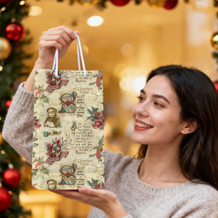 Sac Cadeau Moyen Ephémère de Noël Vintage, texte Holly & Ornate