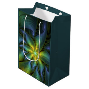 Sac Cadeau Moyen Etoile Abstraite, Bleu brillant Vert Or Fractal Ar