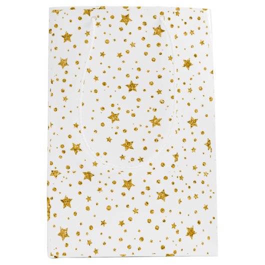 Sac Cadeau Moyen Étoiles célestes modernes blanches et dorées (Devant)