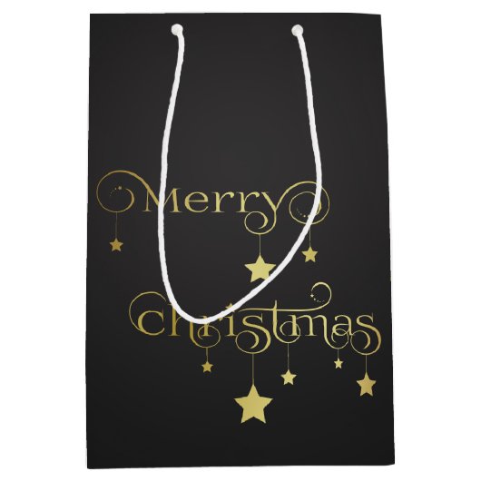 Sac Cadeau Moyen Etoiles de Noël Joyeux Or Précieux (Devant)