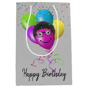 Sac Cadeau Moyen Fantaisie Visage de ballon d'anniversaire sur gris