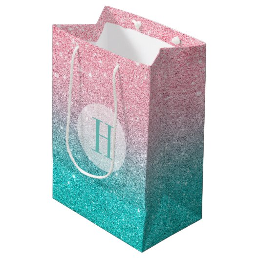Sac Cadeau Moyen Faux Parties scintillant Ombre Turquoise & Rose (Devant Angle)
