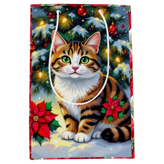 Sac Cadeau Moyen Félin de fête | Chat de Noël mignon (Devant)
