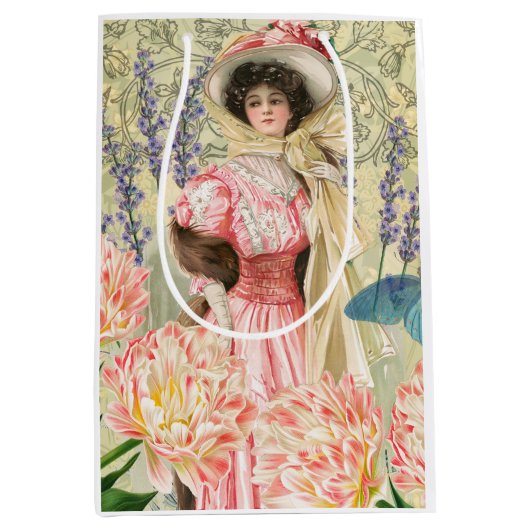 Sac Cadeau Moyen Femme victorienne florale rose Régence (Devant)