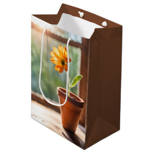 Sac Cadeau Moyen Fenêtre Avec Orange Daisy Anniversaire