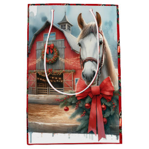 Sac Cadeau Moyen Ferme festive de Cheval Blanc Noël personnalisé
