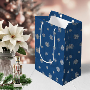 Sac Cadeau Moyen Festif hiver Silver Blue Snowflakes vacances