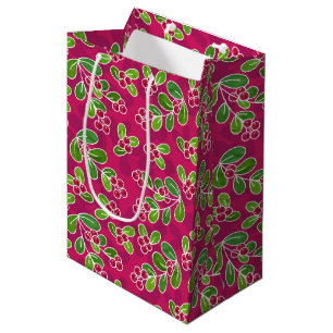 Sac Cadeau Moyen Festif Motif de feuillage de canneberge, Fuchsia