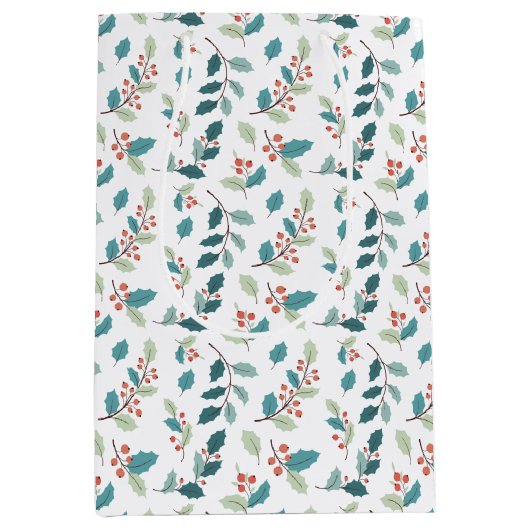 Sac Cadeau Moyen Festive Christmas Holly Red Berries Pattern (Devant)