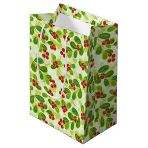 Sac Cadeau Moyen Festive Motif de fruits de canneberge, vert