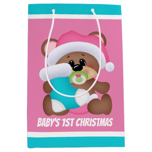 Sac Cadeau Moyen Festive Noël fille ours première fête (Devant)