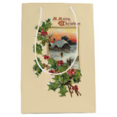 Sac Cadeau Moyen Festive Noël Holly et Rustic Winter Scene (Devant)