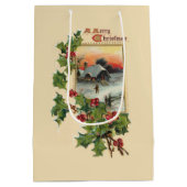 Sac Cadeau Moyen Festive Noël Holly et Rustic Winter Scene (Dos)