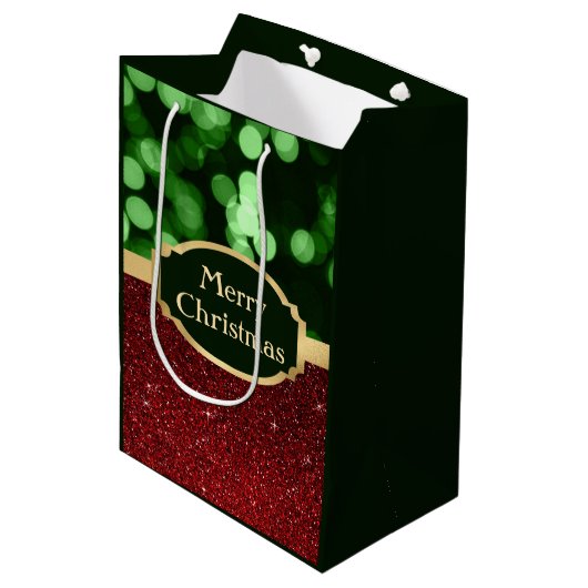 Sac Cadeau Moyen Festive Parties scintillant rouge et Green Bokeh N (Devant Angle)