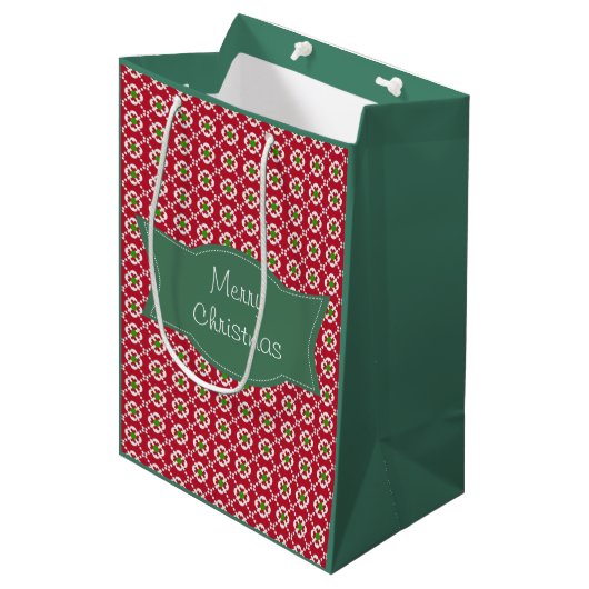 Sac Cadeau Moyen Festive Rouge Vert Motif Noël (Devant Angle)