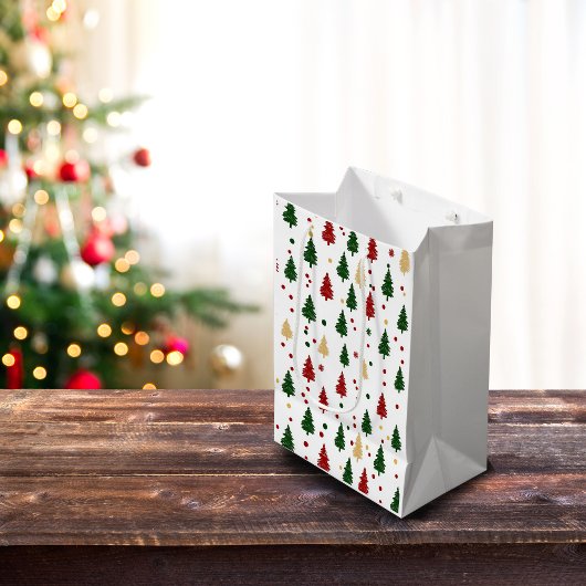 Sac Cadeau Moyen Festive Xmas Tree Pattern Red, Green & Gold