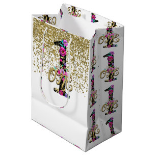 Sac Cadeau Moyen Fête d'anniversaire Black Floral Gold Glitter UN 1