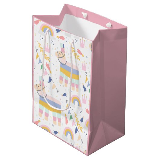 Sac Cadeau Moyen Fête d'Anniversaire Llama Rainbow Girl (Devant Angle)