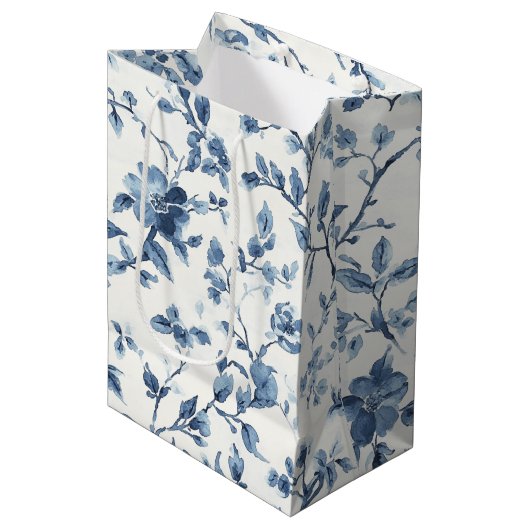 Sac Cadeau Moyen Fête de Mariage Fleur Bleu et Blanc (Devant Angle)