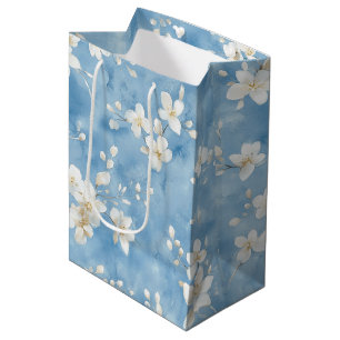 Sac Cadeau Moyen Fête de Mariage Fleurs Blanches Jolis Bleu Ciel