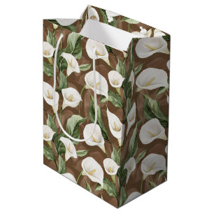 Sac Cadeau Moyen Fête de Mariage Florale Lys Brun Blanc