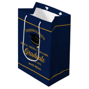Sac Cadeau Moyen Fête de remise de diplômes personnalisée bleu mari