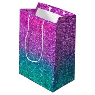 Sac Cadeau Moyen Fête Pailletée Rose Turquoise Aqua Bleu et Violet
