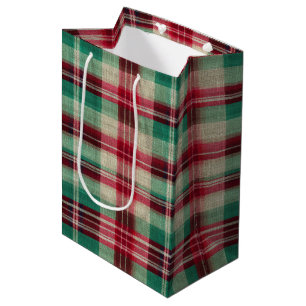Sac Cadeau Moyen Fêtes Crème Rouge Vert Trappe Plaid