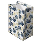 Sac Cadeau Moyen Feuilles tropicaux Bleu Blanc (Devant Angle)
