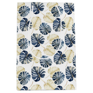 Sac Cadeau Moyen Feuilles tropicaux Bleu Blanc
