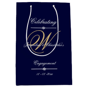 Sac Cadeau Moyen Fiançailles Élégant Monogramme Script Chic Marine