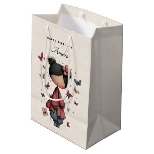 Sac Cadeau Moyen Fille avec baguette magique et papillons Anniversa