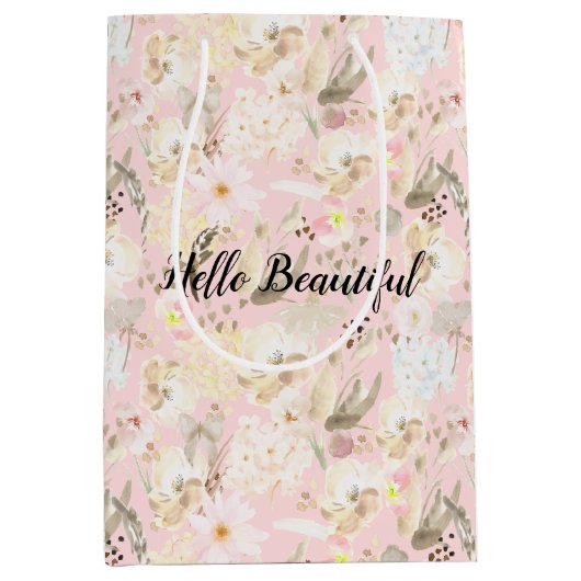 Sac Cadeau Moyen Fille Blush Crème Rose Blanc Floral (Devant)