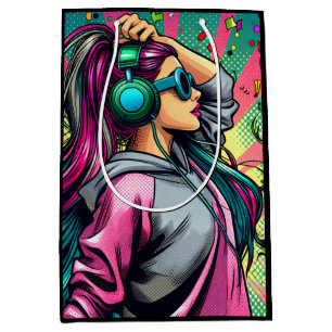 Sac Cadeau Moyen Fille de style BD Pop Art avec écouteurs pour anni