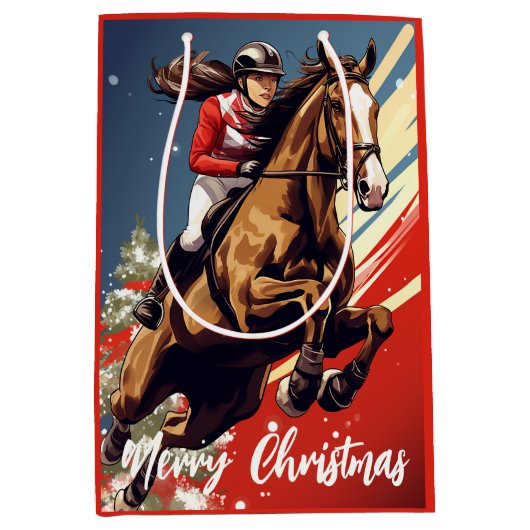 Sac Cadeau Moyen Fille et Cheval Joyeux Noël (Devant)