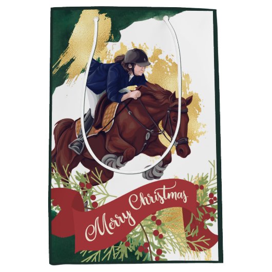 Sac Cadeau Moyen Fille et Cheval Joyeux Noël coloré (Devant)