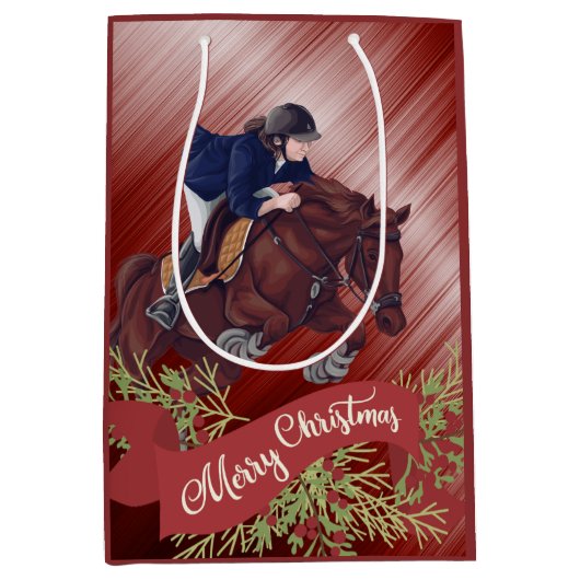 Sac Cadeau Moyen Fille et Cheval Joyeux Noël Rouge (Devant)