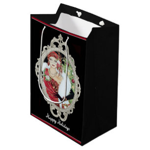 Sac Cadeau Moyen Fille Flapper de Noël Robe Rouge et Or Éblouissant