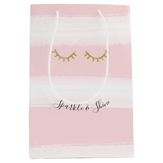 Sac Cadeau Moyen Fille rose rayures Parties scintillant or Eyelashe (Devant)