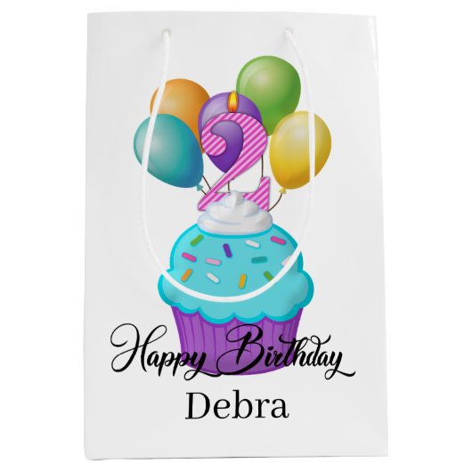 Sac Cadeau Moyen filles 2ND Birthday cupcake ajouter nom (Devant)