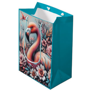Sac Cadeau Moyen Flamant Rose Pastel Floral Tropical Cottagecore