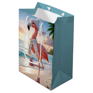 Sac Cadeau Moyen Flamant Rose Portant Écharpe et Bottes Roses