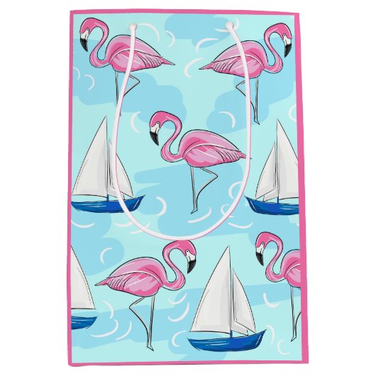 Sac Cadeau Moyen Flamant rose rose Blue Voilier Preppy (Devant)